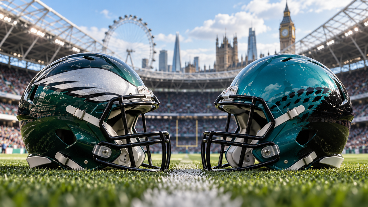 Green and silver and teal and black football helmets in a London stadium