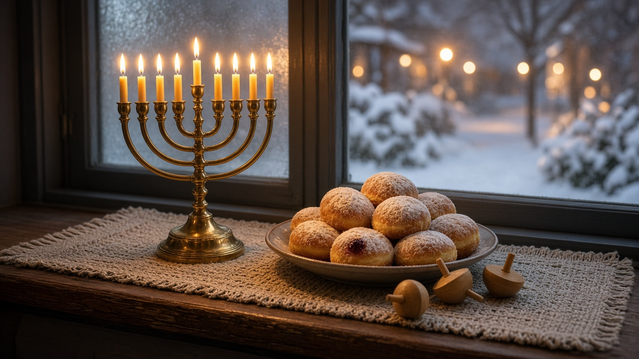 Lit brass menorah on a windowsill with snow falling outside and a plate of jelly doughnuts nearby, no people