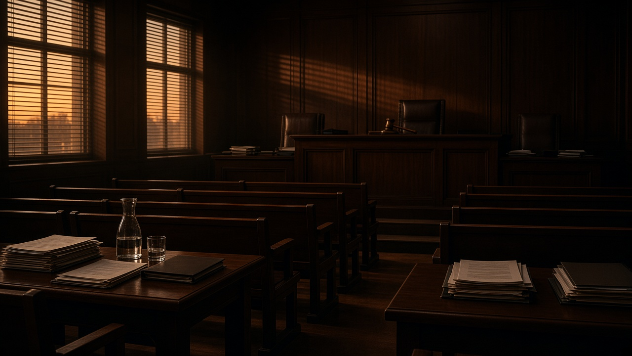 Empty wood-paneled courtroom at dusk with a judge bench and gavel, two counsel tables stacked with case files and a water carafe, and amber light through window blinds, no people, no text, no logos