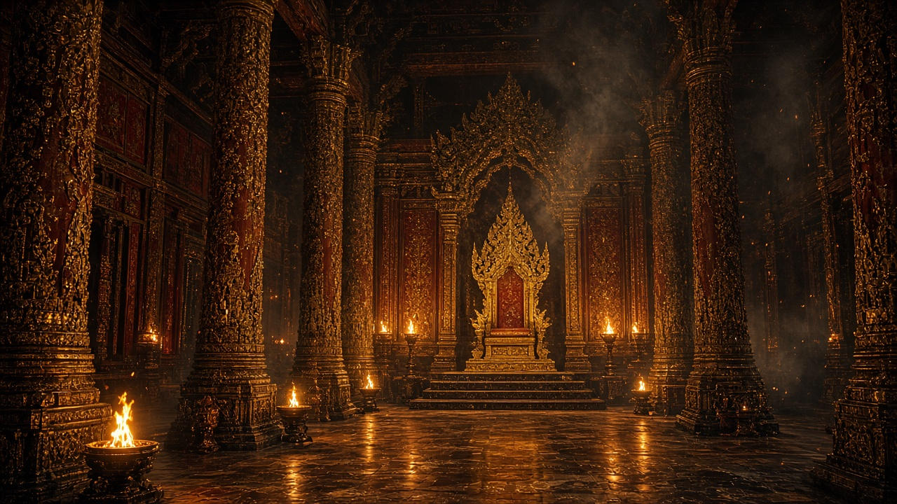 Empty golden throne in an ornate Thai royal hall lit by torches and drifting embers