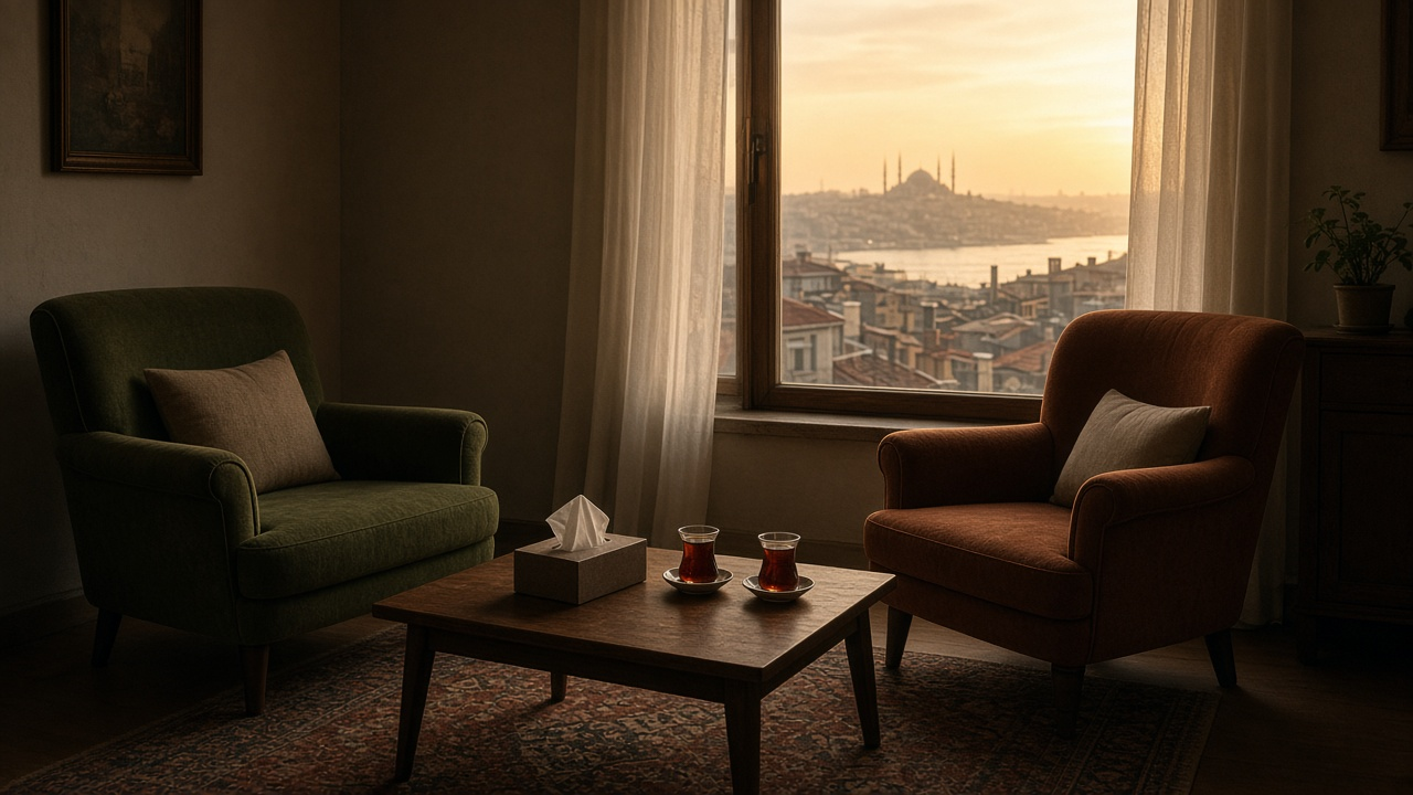 Quiet Istanbul therapy room at golden hour with two empty armchairs, a box of tissues and two glasses of Turkish tea on a wooden table, and rooftops and a mosque dome beyond the window