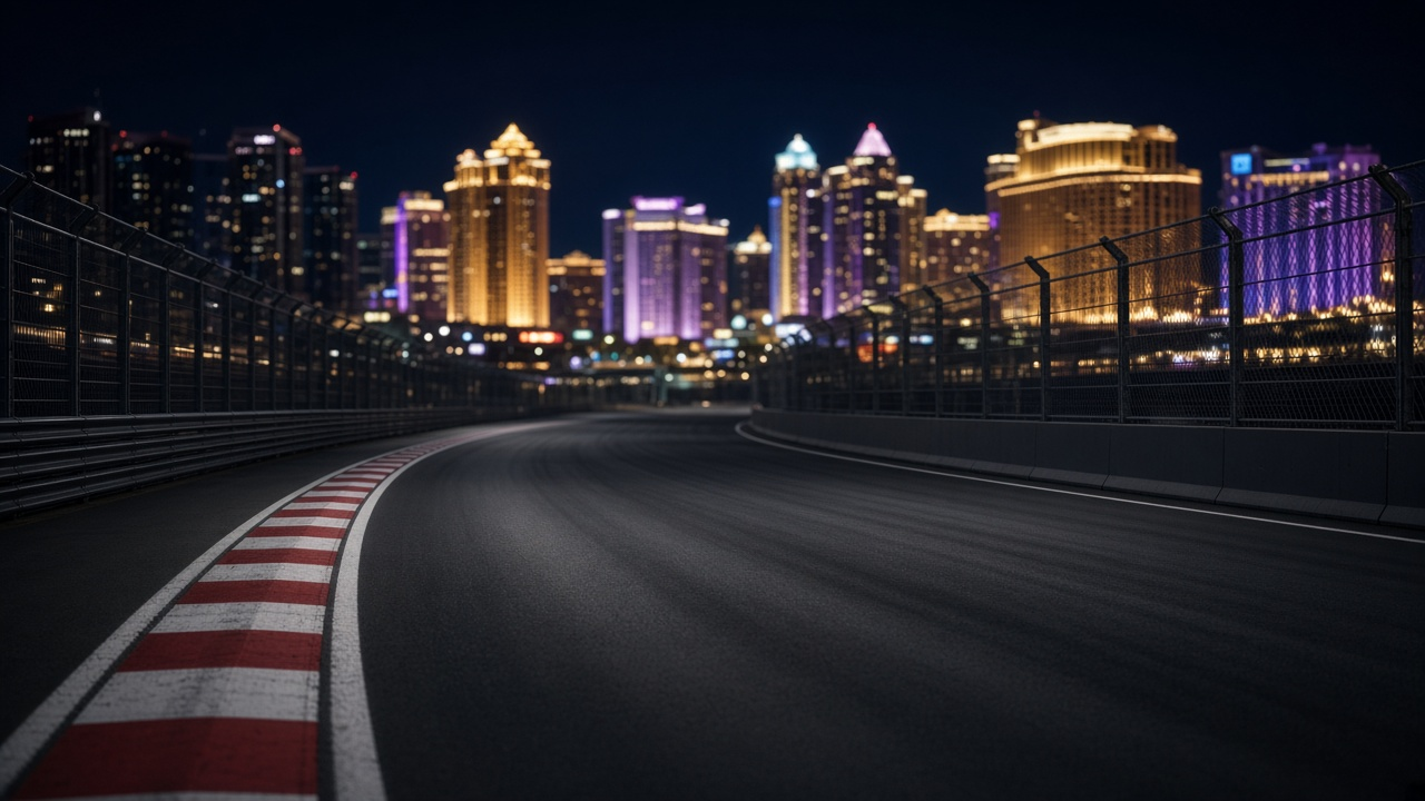 Empty night street racing circuit lined with barriers under glowing city lights, no people