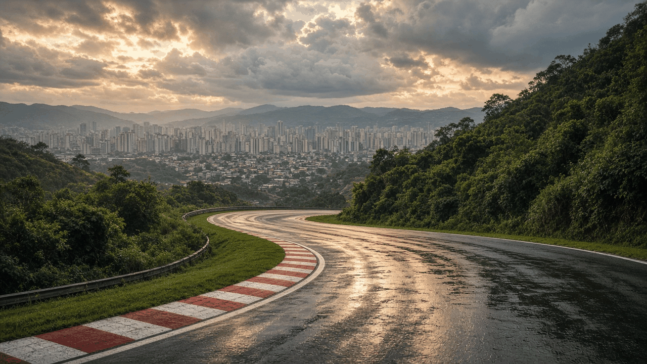 Empty rain-slicked hillside racing circuit curve with red and white curbing, green tropical trees and a distant city skyline under golden clouds, no cars, no people