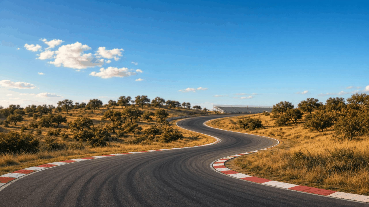 Formula-style race car on an Austin circuit at sunset, with no people, text or logos