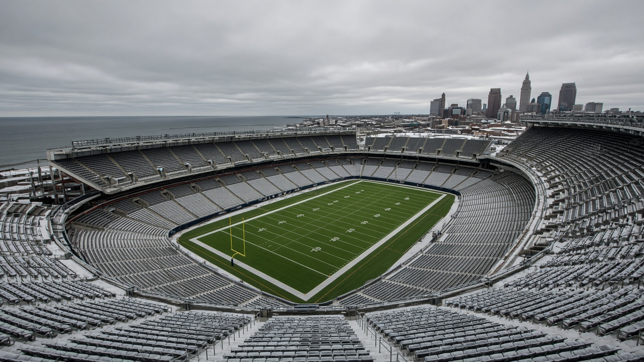 Empty lakefront football stadium with light snow on the seats under a gray winter sky, no people