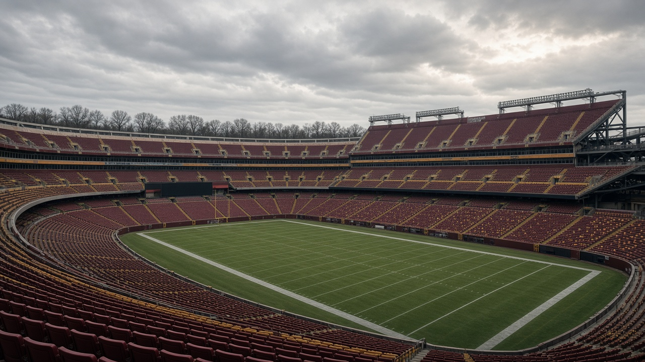 An empty open-air football stadium with burgundy and gold seats under a cloudy winter sky, bare trees beyond the upper deck
