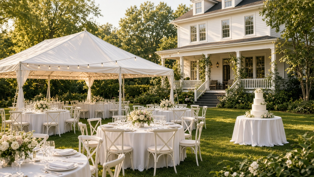 A sunny suburban backyard set for a wedding reception, with a white tent and string lights, round tables with white linens and flowers, a tiered white cake and a white two-story house with a porch