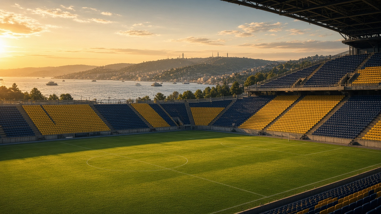Empty football stadium at golden hour with steep yellow and navy seats and a pitch, water visible beyond the stand, no people
