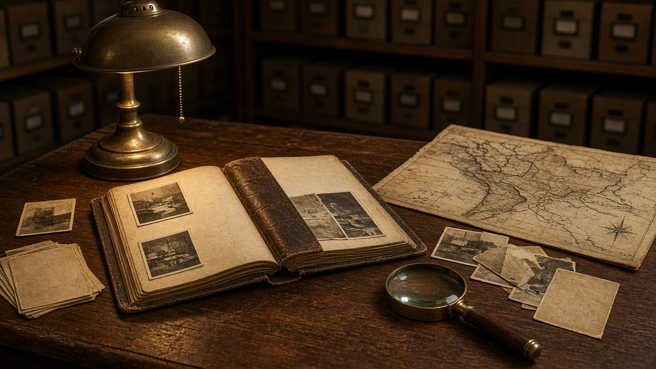 Old leather family photo album, vintage photographs, a magnifying glass and an antique map on a wooden desk under a brass lamp in an archive room