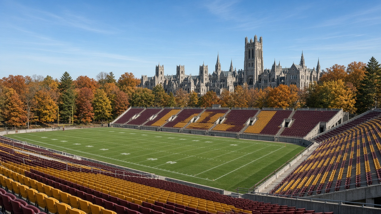 Empty college football stadium with Gothic stone towers and fall trees beyond, no people