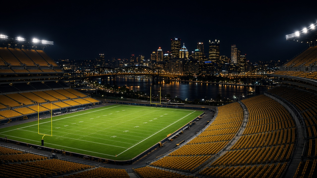 Empty riverside football stadium at night with bridges and a city skyline behind, no people