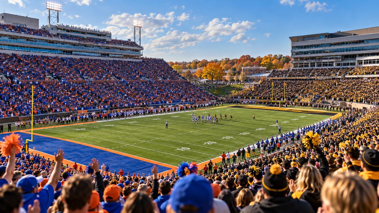 College football stadium decorated for homecoming on a sunny October afternoon with a full crowd
