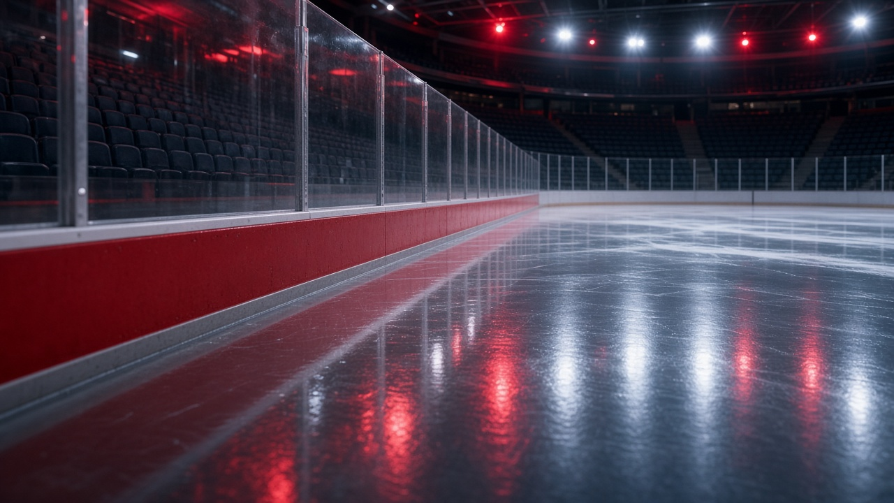 Empty hockey arena seen from ice level by the boards, clean white ice reflecting red and white lights, empty seats, no people