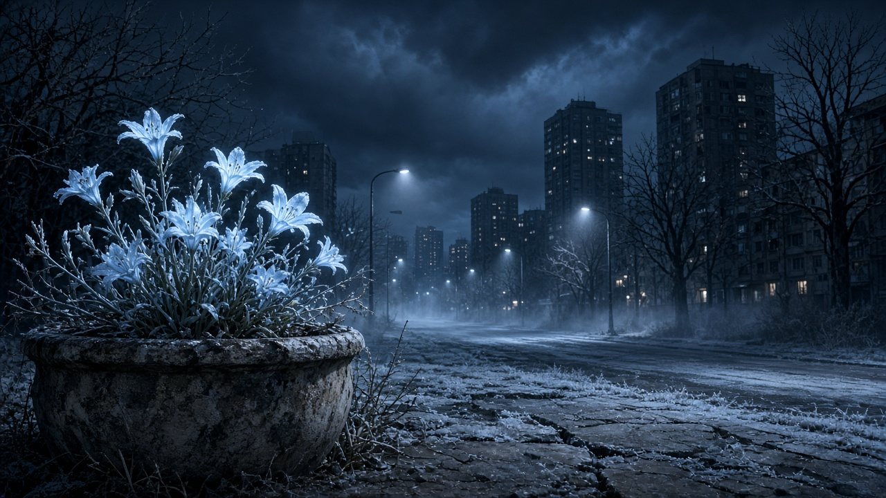 Pale glowing blue flowers growing from a weathered stone planter on a frosty, empty city street at night under heavy clouds, with bare trees, streetlights and apartment towers in the mist