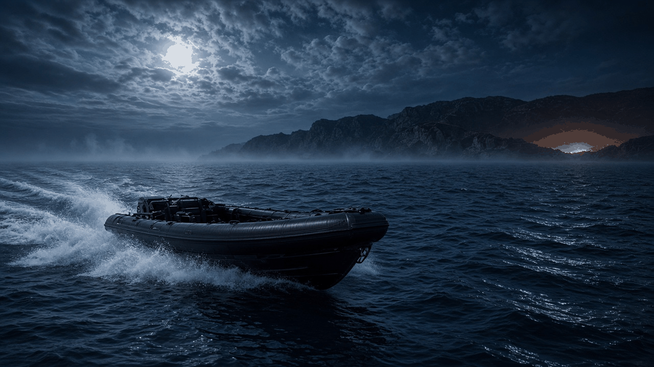 Empty black inflatable boat speeding across a dark moonlit ocean toward a rocky coastline with a faint orange glow on the horizon, no people, no text, no logos