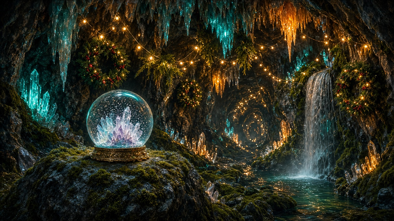 Glowing underground cave decorated for the holidays with crystals, string lights and wreaths, a sparkling snow globe on a mossy rock and a small waterfall