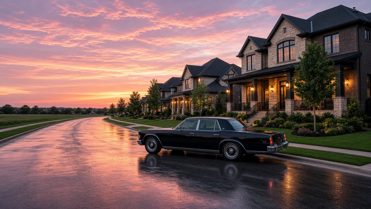 Black vintage sedan parked on a rain-slicked upscale Texas suburban street lined with stone homes at sunset