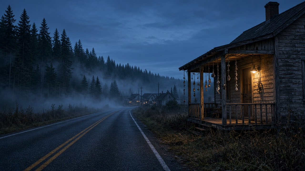 Misty forest-edge small-town road at dusk with an old wooden house, a glowing porch light and wind chimes hanging from the porch, no people or text