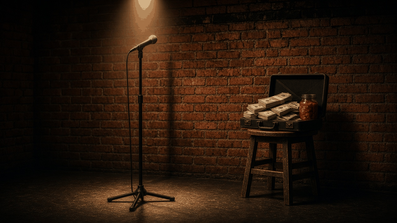Empty comedy stage with a microphone, spotlight and scattered theater seats, with no people, text or logos