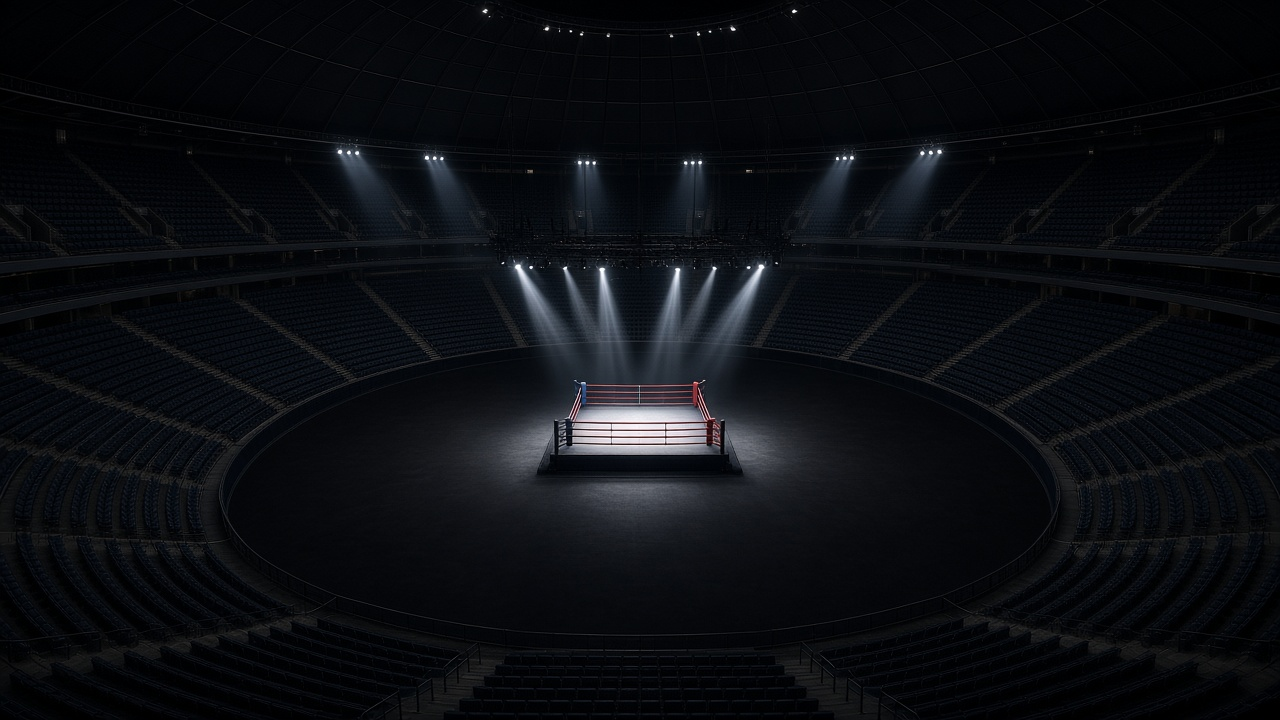 Empty boxing ring under spotlights in the middle of a huge dark stadium, no people