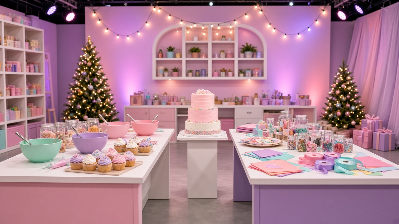 Empty pastel holiday baking and crafting studio with cupcakes, a pink layered cake, ribbons and string lights