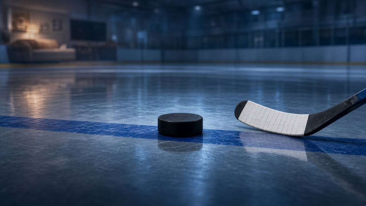 Hockey puck and a rookie-length stick blade on the ice of a quiet practice rink under cool white lights