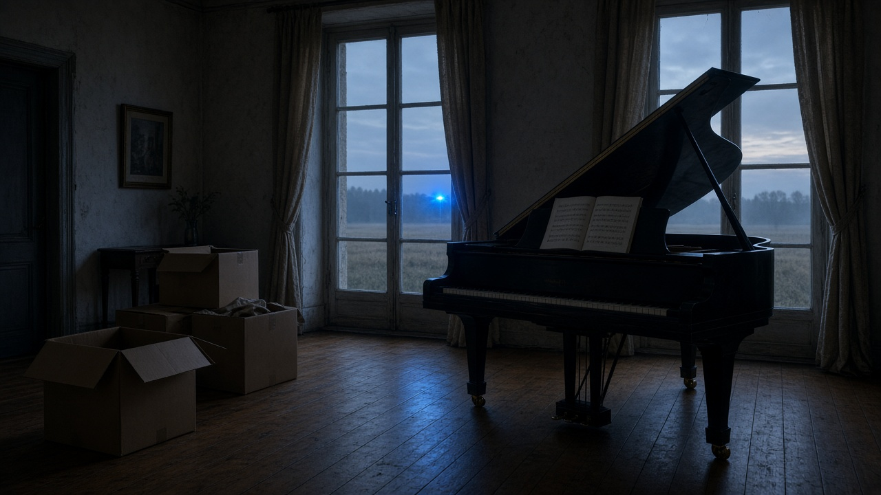 Grand piano with open sheet music beside tall windows in a dim country house at dawn, unpacked moving boxes on the floor and a blue light glowing outside