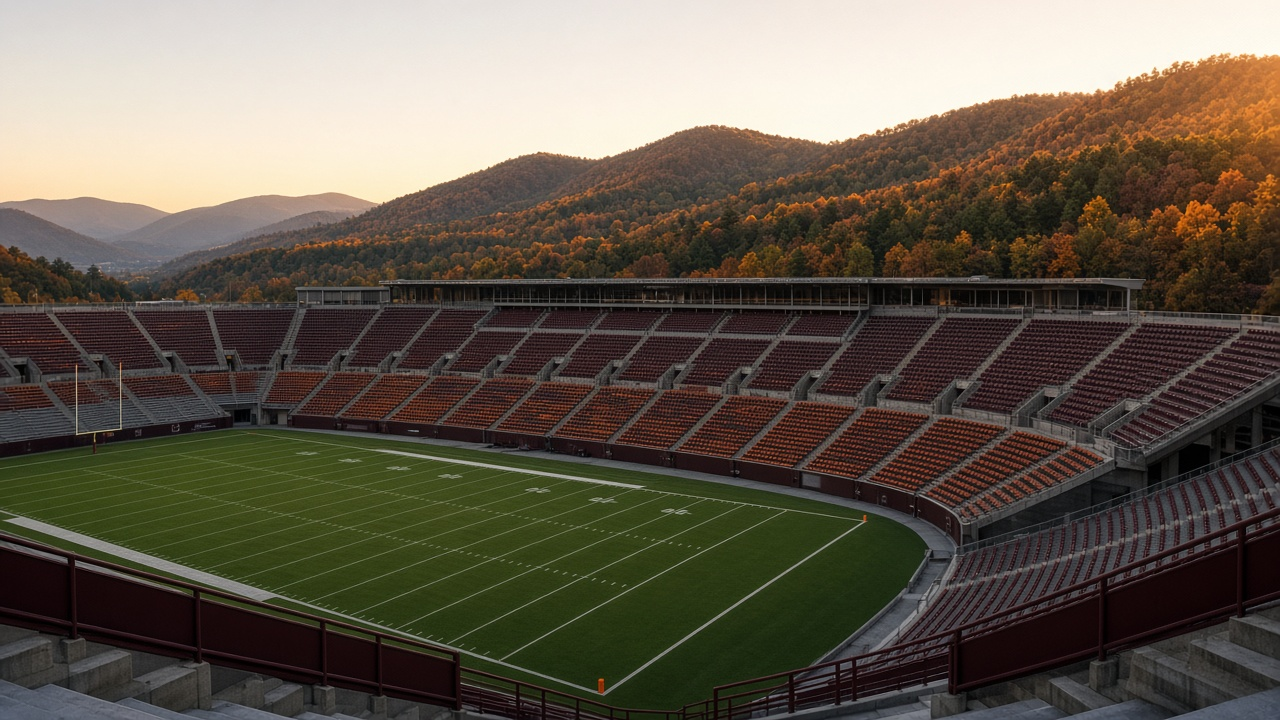 Empty college football stadium on a crisp autumn afternoon with maroon seats, green turf and white yard lines, Blue Ridge foothills with fall foliage beyond the stands