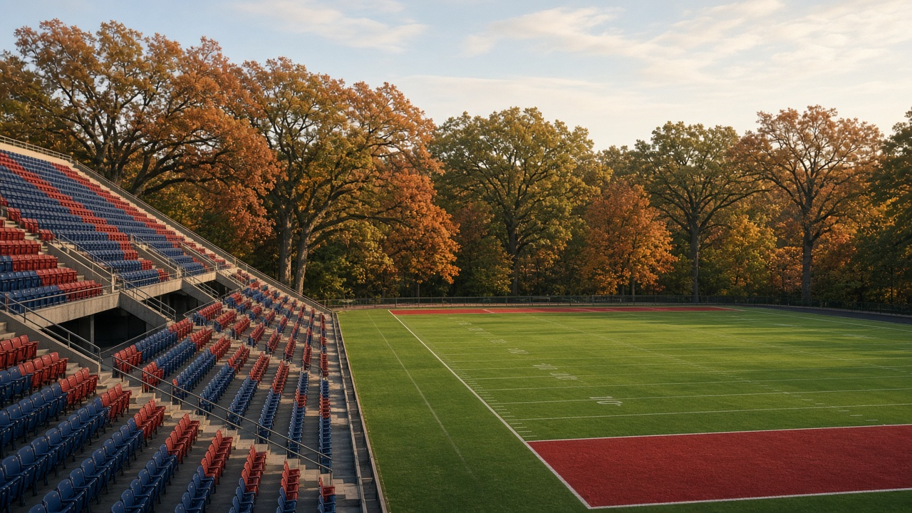 Empty college football stadium on an autumn afternoon with trees in fall color beyond the end zone, no people