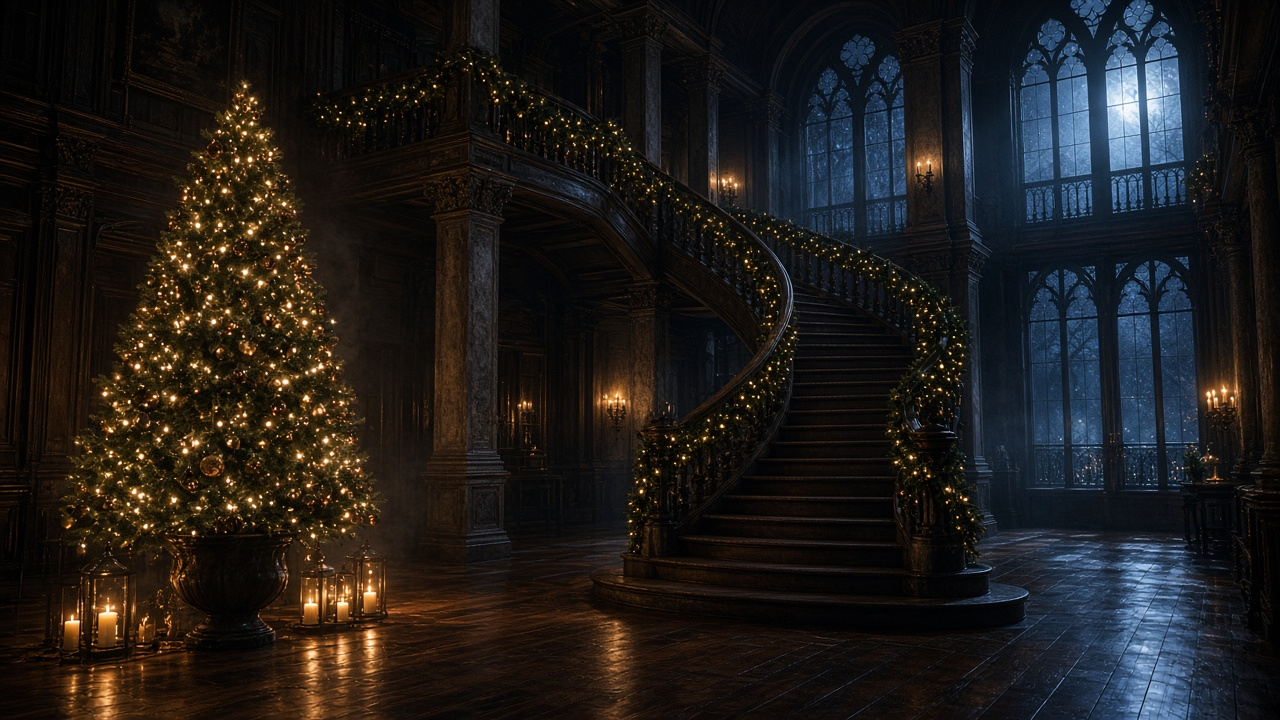 Empty old mansion foyer at night with a lit Christmas tree, garland on a curved staircase and candle lanterns
