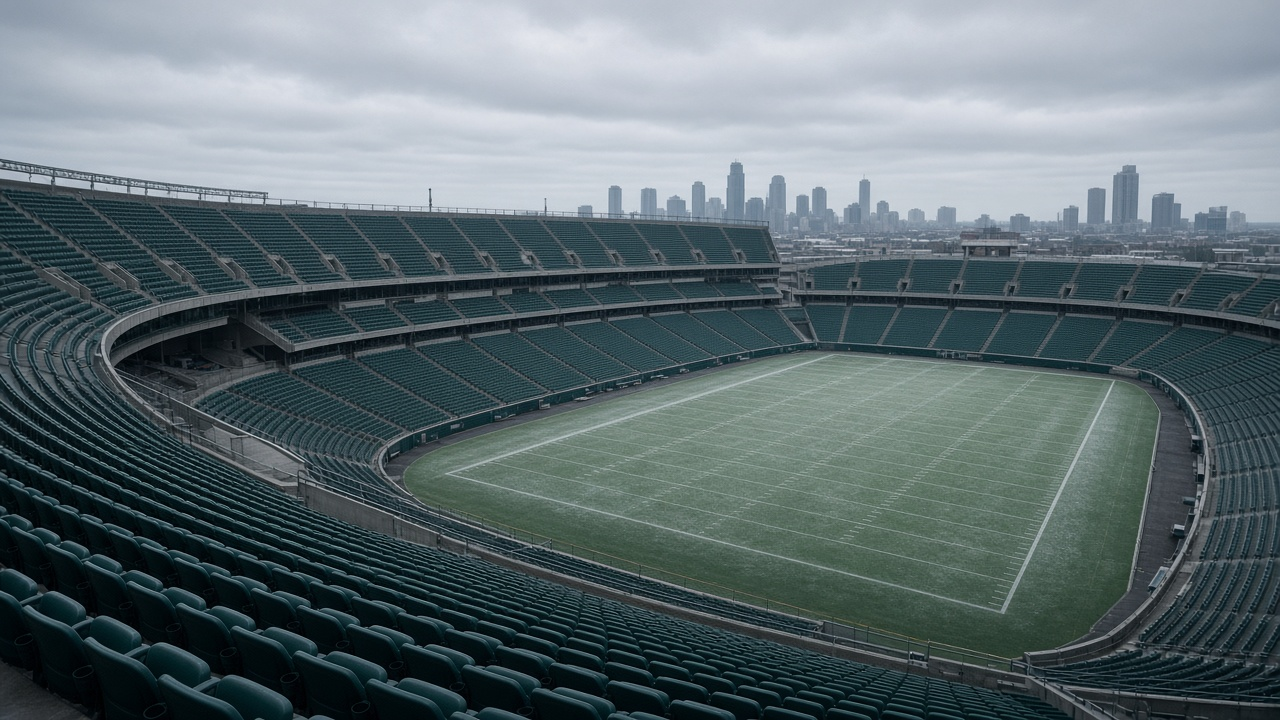 Empty open-air football stadium on a grey November afternoon with empty green seats and white yard lines, no people