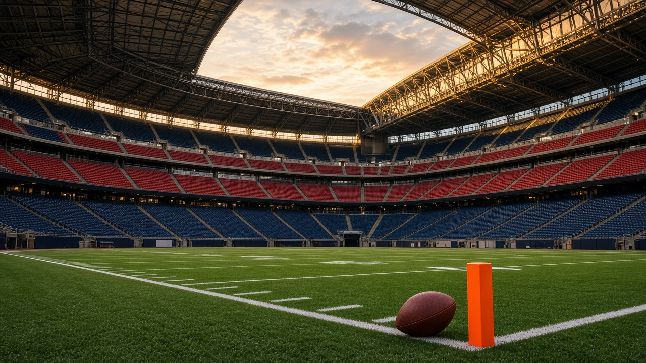 Empty football stadium with its retractable roof open to a blue sky, empty red and blue seats and a football on a kicking tee at midfield