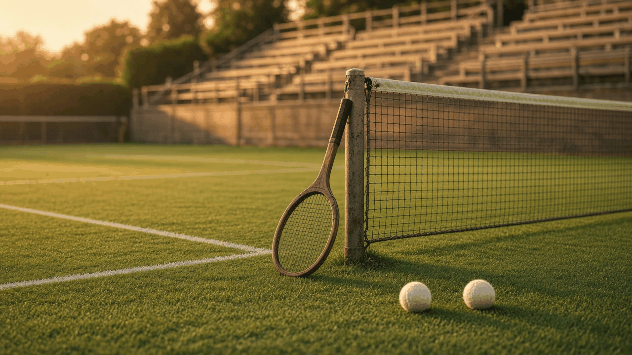 Vintage wooden tennis racket leaning against a net post on an empty grass court at golden hour with two tennis balls and empty wooden stands, no people, no text, no logos