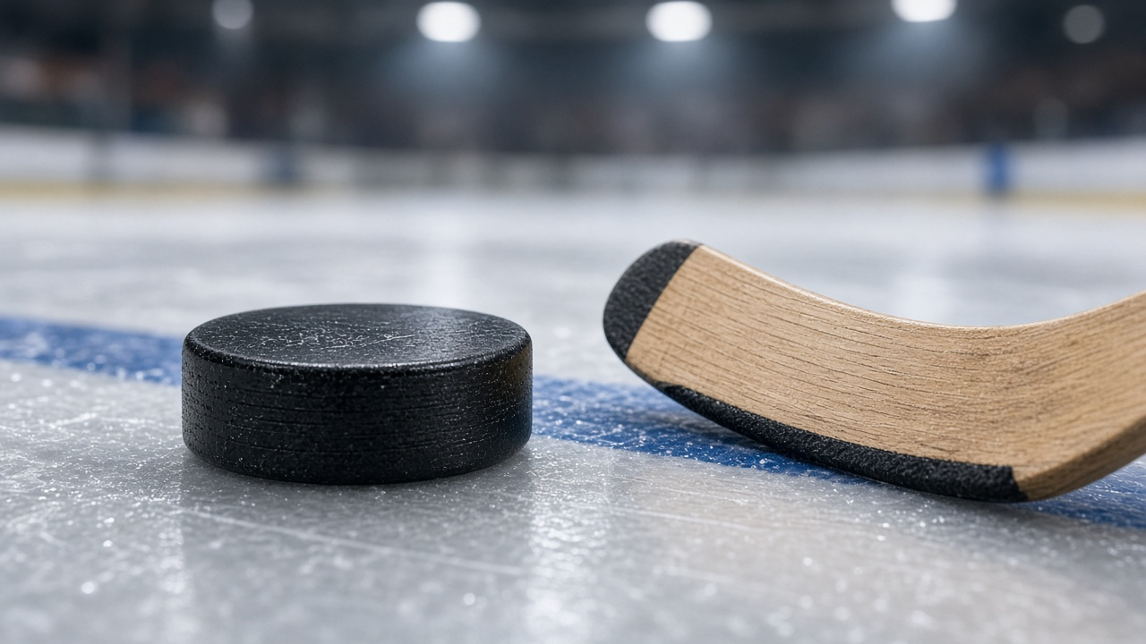 Close-up of a black hockey puck beside a wooden stick blade on fresh ice near a blue line, with blurred arena lights behind