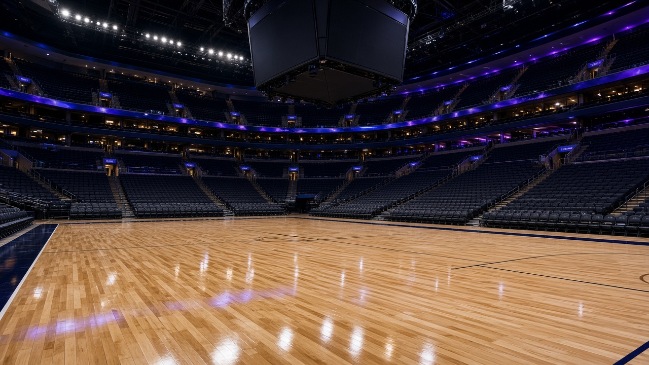 Empty basketball arena with a glossy hardwood court and purple accent lighting, no people