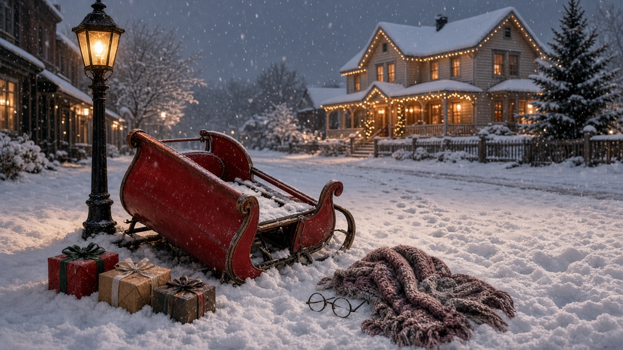 A red vintage sleigh tipped over in fresh snow beside a lamppost on a small-town street, with wrapped presents, a knit shawl and reading glasses in the snow and a house lit for Christmas behind it