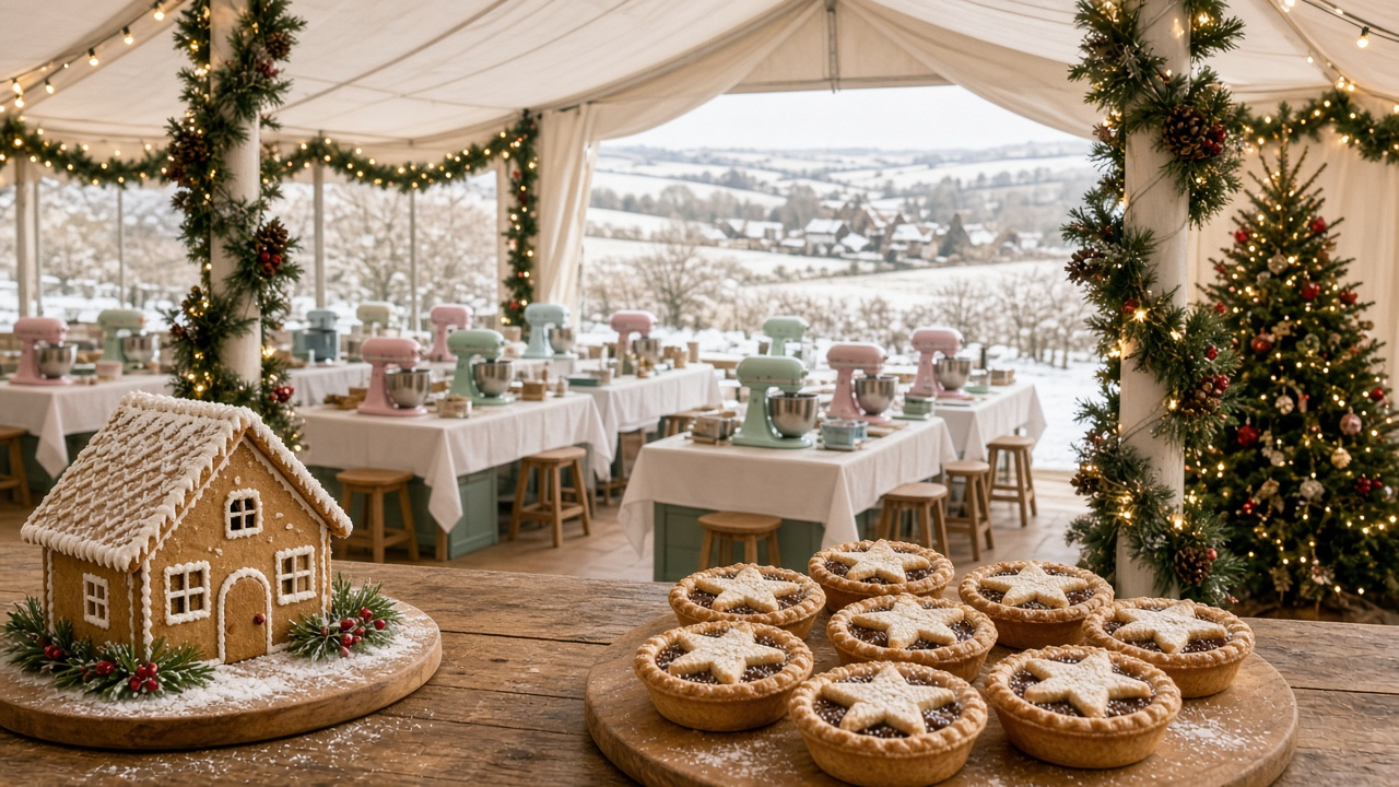Empty white baking tent decorated for Christmas with pastel stand mixers at the workstations, a gingerbread house and star-topped mince pies on a wooden table, garland and string lights, a Christmas tree and snowy countryside outside