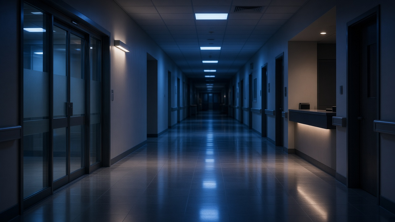 Empty modern hospital corridor at night with soft blue emergency lights and an empty gurney, no people