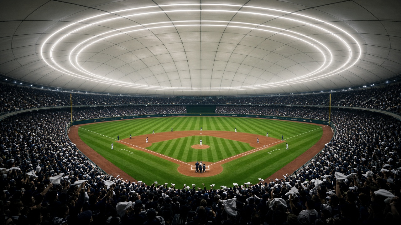 Packed indoor ballpark beneath a white fabric dome ringed with lights, fans waving white rally towels around a bright green playoff field