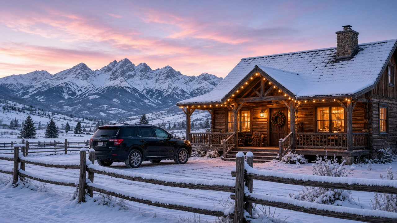 Snow-covered log ranch house at dusk with holiday string lights and a wreath, a dark SUV in the drive and snowy mountains behind