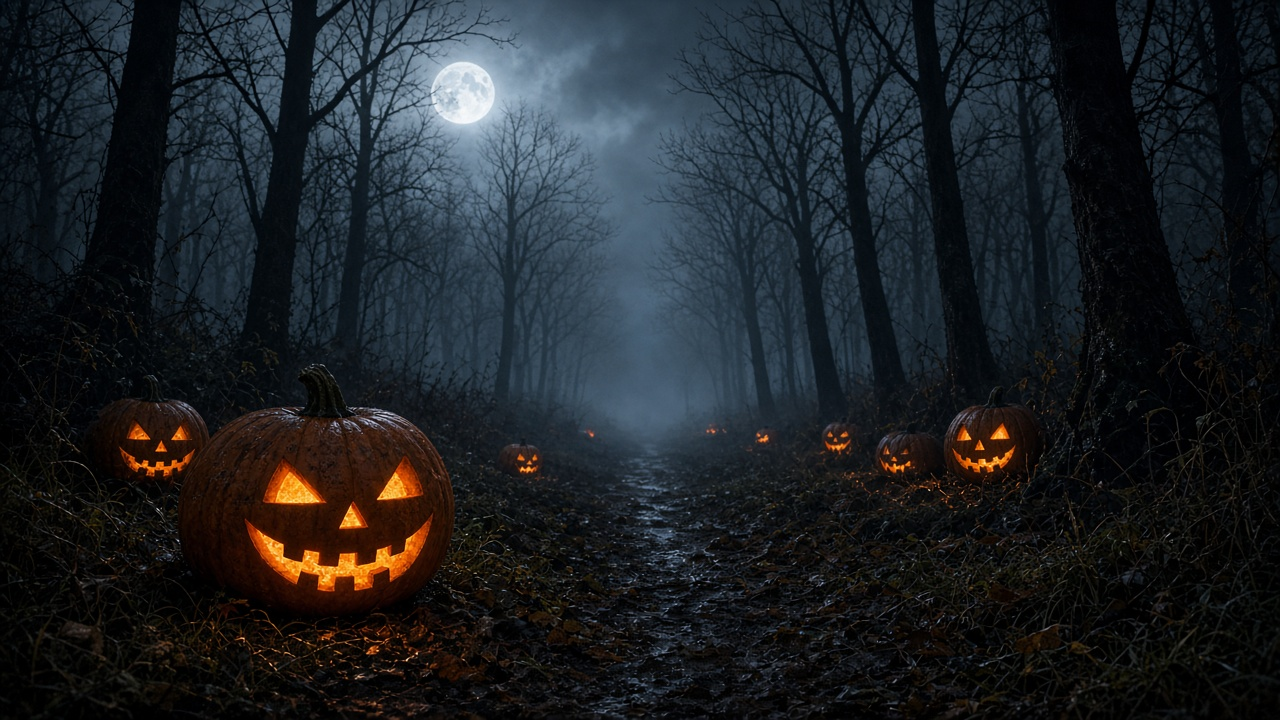 Empty foggy autumn forest path at dusk with carved pumpkin lanterns and fallen leaves, photoreal, no people, text or logos
