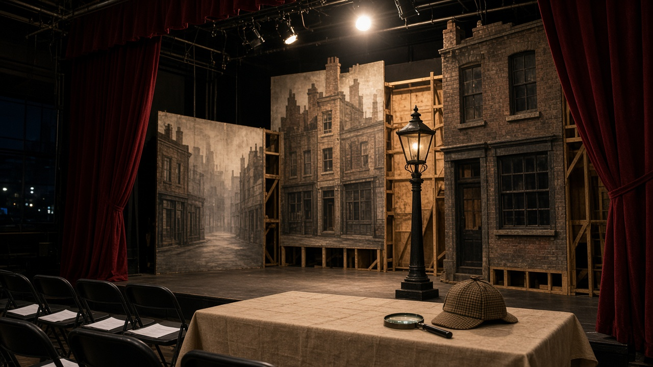 An empty community theater stage with a half-built Victorian London street set, a gas lamp prop and a deerstalker hat and magnifying glass on a prop table