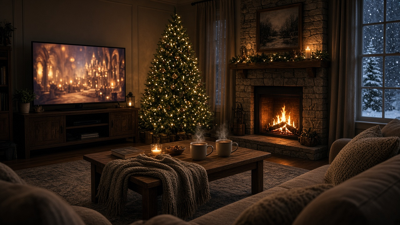 Cozy living room on Christmas night with a glowing TV, decorated tree, crackling fireplace, blanket and cocoa mugs, and snow falling outside the window