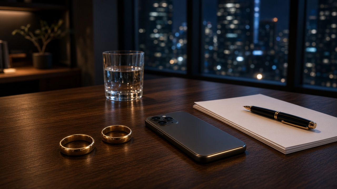Two gold wedding bands lying apart on a dark walnut table beside a face-down smartphone, blank paper and a pen, with city lights through office windows at night, no people, no text, no logos
