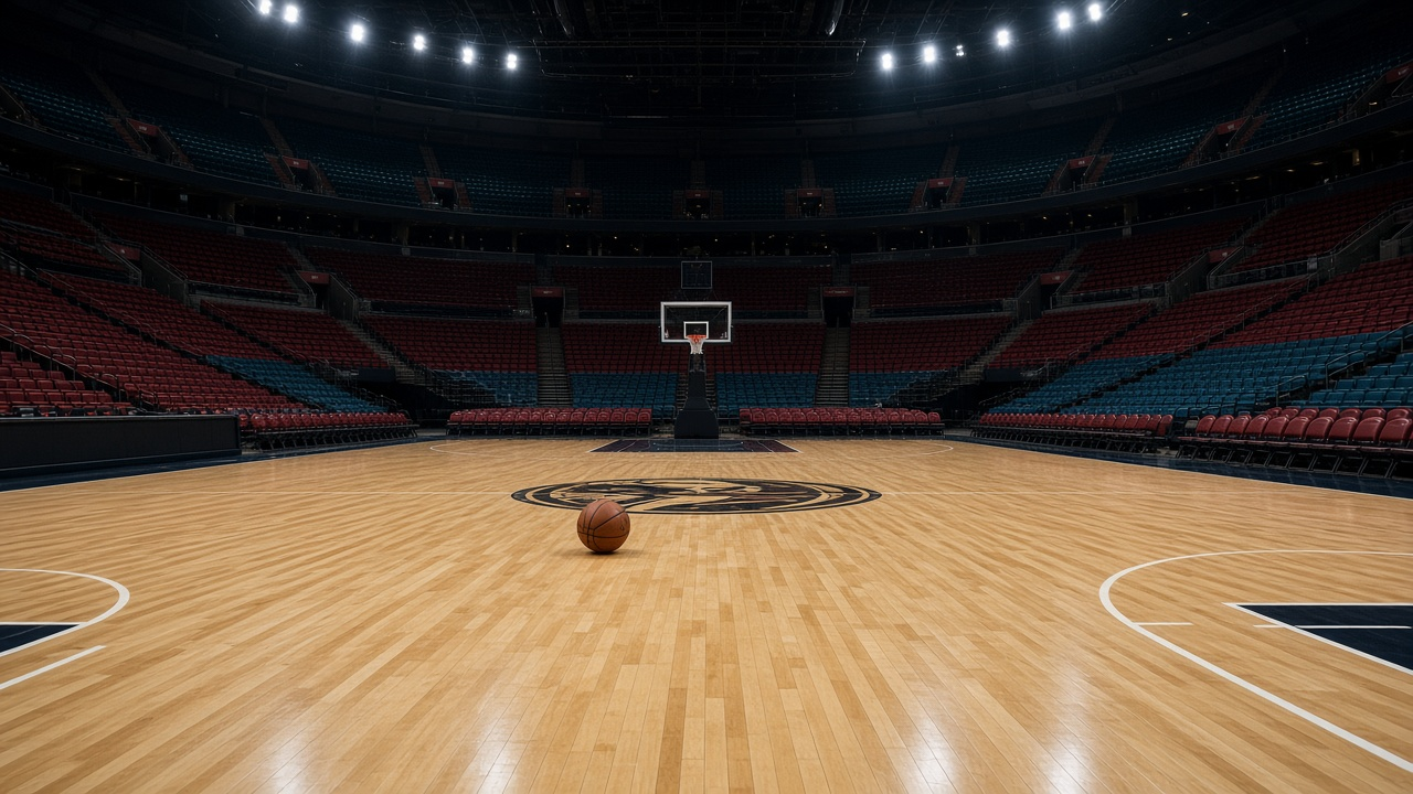 Empty indoor basketball arena before a game with a polished hardwood court, a basketball resting near center court and red and teal seats under bright lights