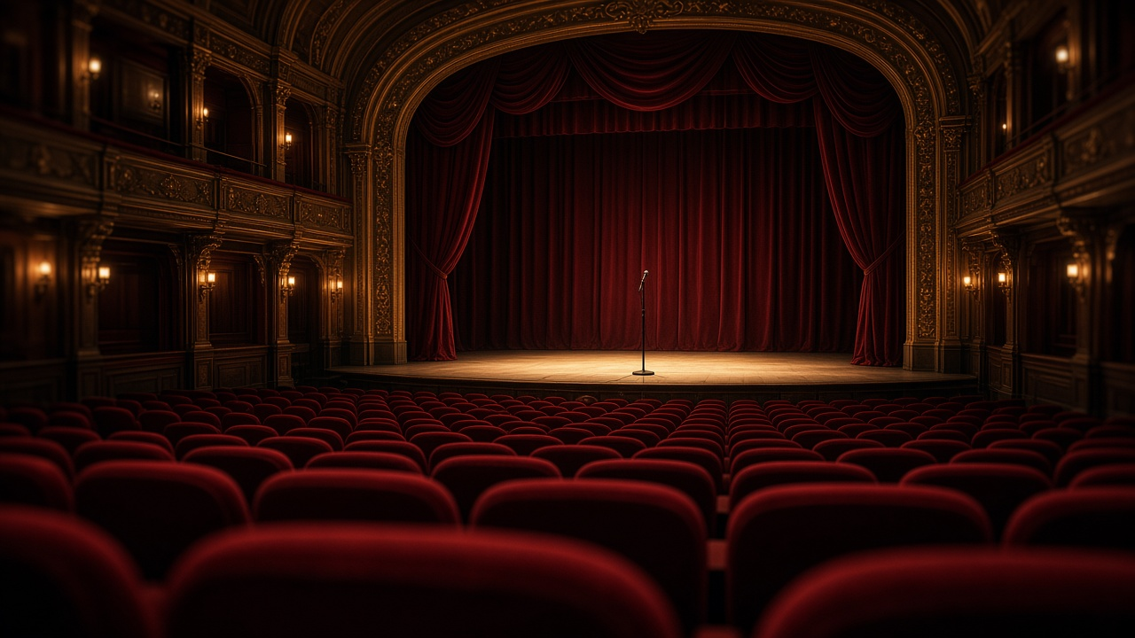 Empty historic theater interior with empty red velvet seats, lit empty stage with a single microphone stand, warm house lights, photoreal, no people, text or logos