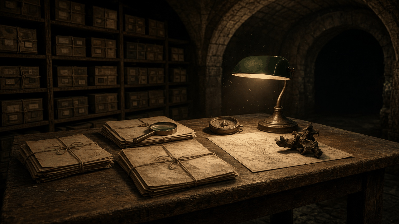 Dim vaulted stone archive with string-tied case files, a brass magnifying glass, an antique compass and an old map on a wooden table under a green desk lamp, no people, no text, no logos