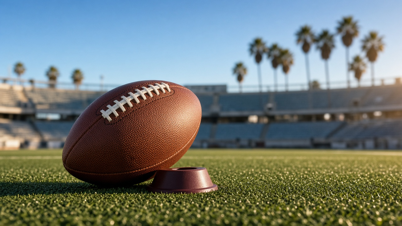 A football on a kicking tee on green turf in an empty sunlit stadium with palm trees above the far stands