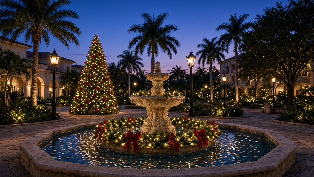 Ornate stone fountain decorated with holiday garland and twinkling lights at a theme-park resort plaza at dusk, no people