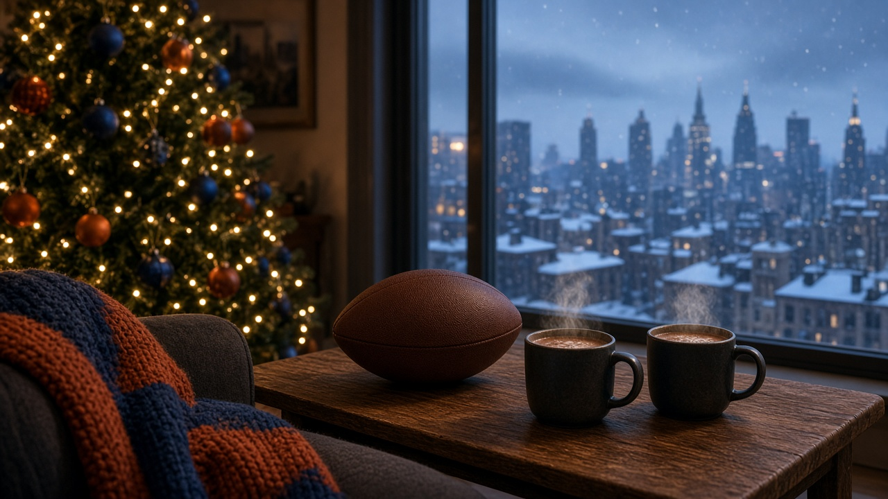 Cozy living room decorated for Christmas with a glowing tree, a navy and orange knit blanket and a football on the coffee table, snowy city skyline at dusk through the window